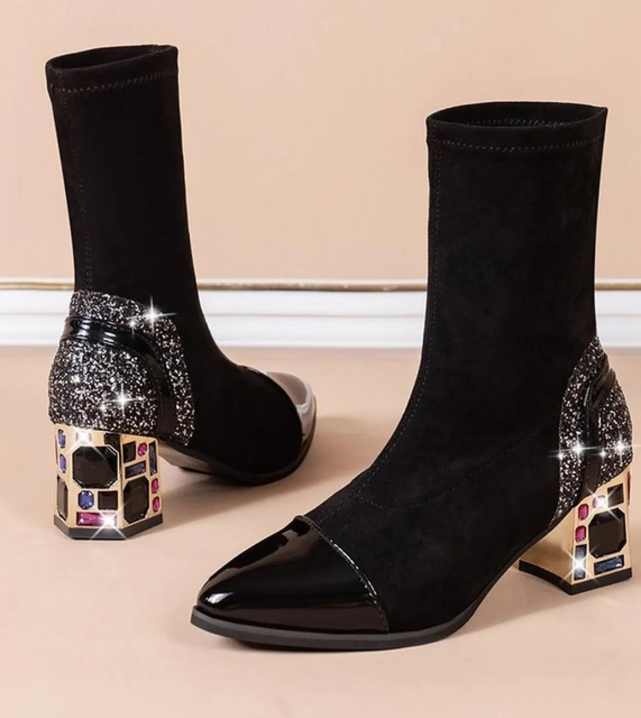 2022 Stivali Corti Sottili Donna Stivali A Metà Polpaccio Tessuto Elastico Con Strass Tacco Quadrato Scarpe Invernali Da Donna S