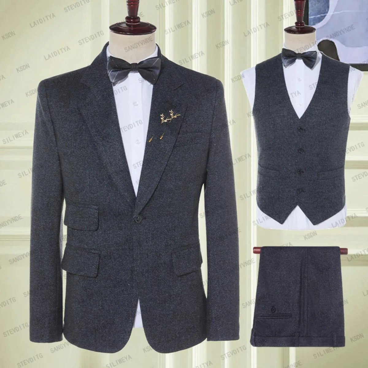 2023 moda nero e blu misto lettera modello uomo slim fit abiti da lavoro maschile di alta qualità 3 pezzi (giacche + gilet + pa