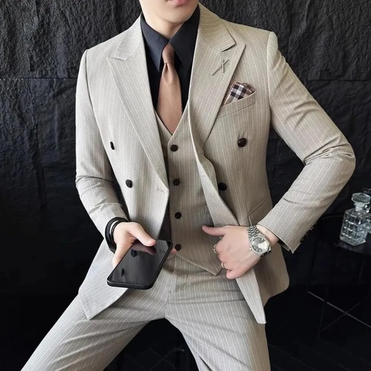 2023 Moda Nuovo Boutique da uomo Business Slim Wedding a righe doppiopetto Completo Blazer Giacca Pantaloni Pantaloni Gilet 3