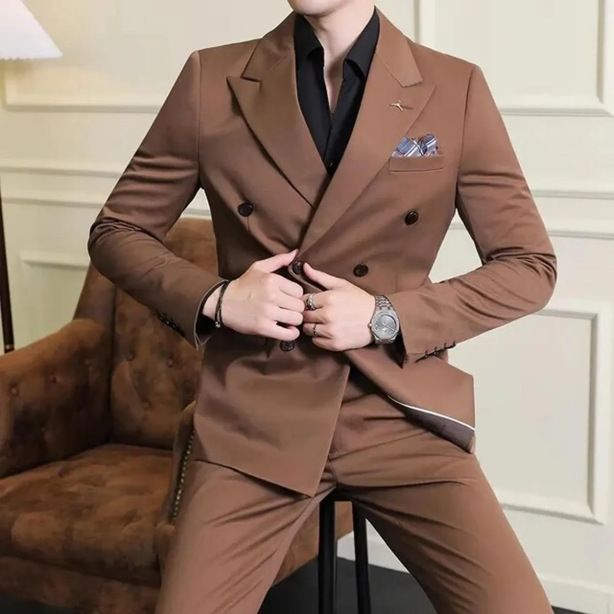 2023 Moda Nuovo Boutique da uomo Business Slim Wedding a righe doppiopetto Completo Blazer Giacca Pantaloni Pantaloni Gilet 3