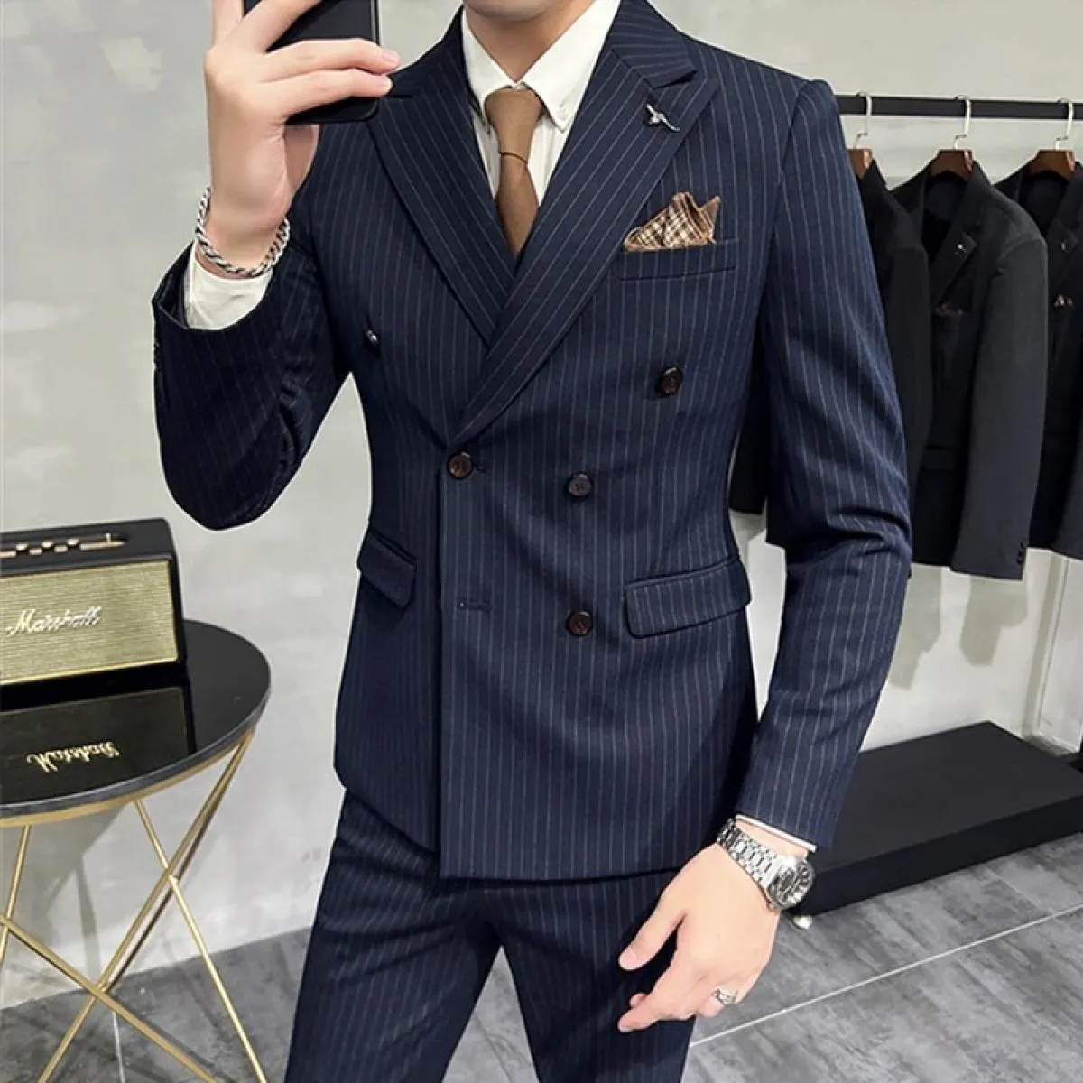 2023 Moda Nuovo Boutique da uomo Business Slim Wedding a righe doppiopetto Completo Blazer Giacca Pantaloni Pantaloni Gilet 3