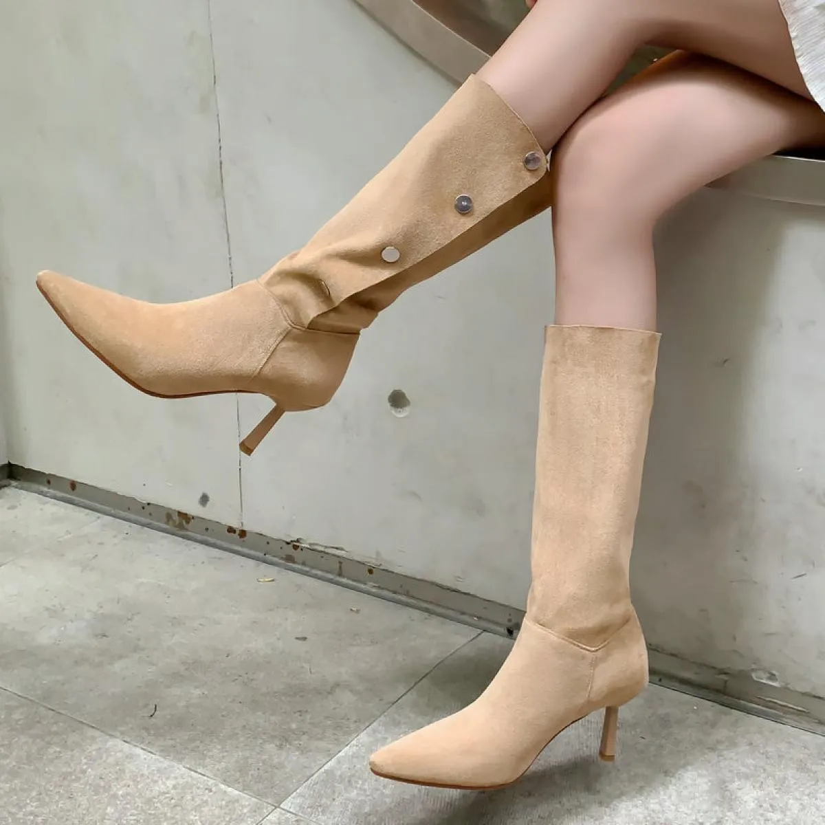 2024 Punta a punta Sottile Tacchi Alti Donne Stivali Al Ginocchio Autunno Inverno Fashion Party Scarpe Casual Donna Autunno Tagl