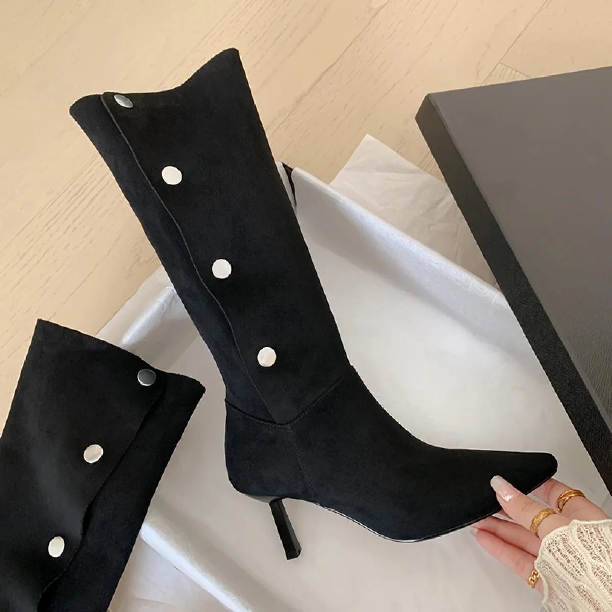 2024 Punta a punta Sottile Tacchi Alti Donne Stivali Al Ginocchio Autunno Inverno Fashion Party Scarpe Casual Donna Autunno Tagl
