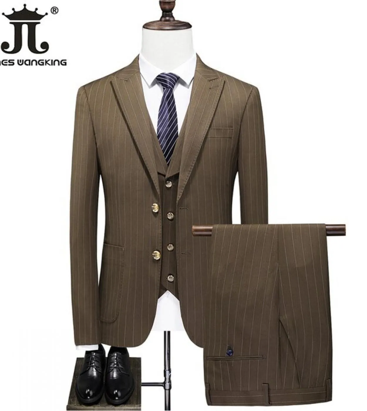 5xl Giacca  Gilet  Pantaloni Lussuoso Boutique Business Office Casual Suit 3 pezzi Abito da sposa da uomo a righe verticali