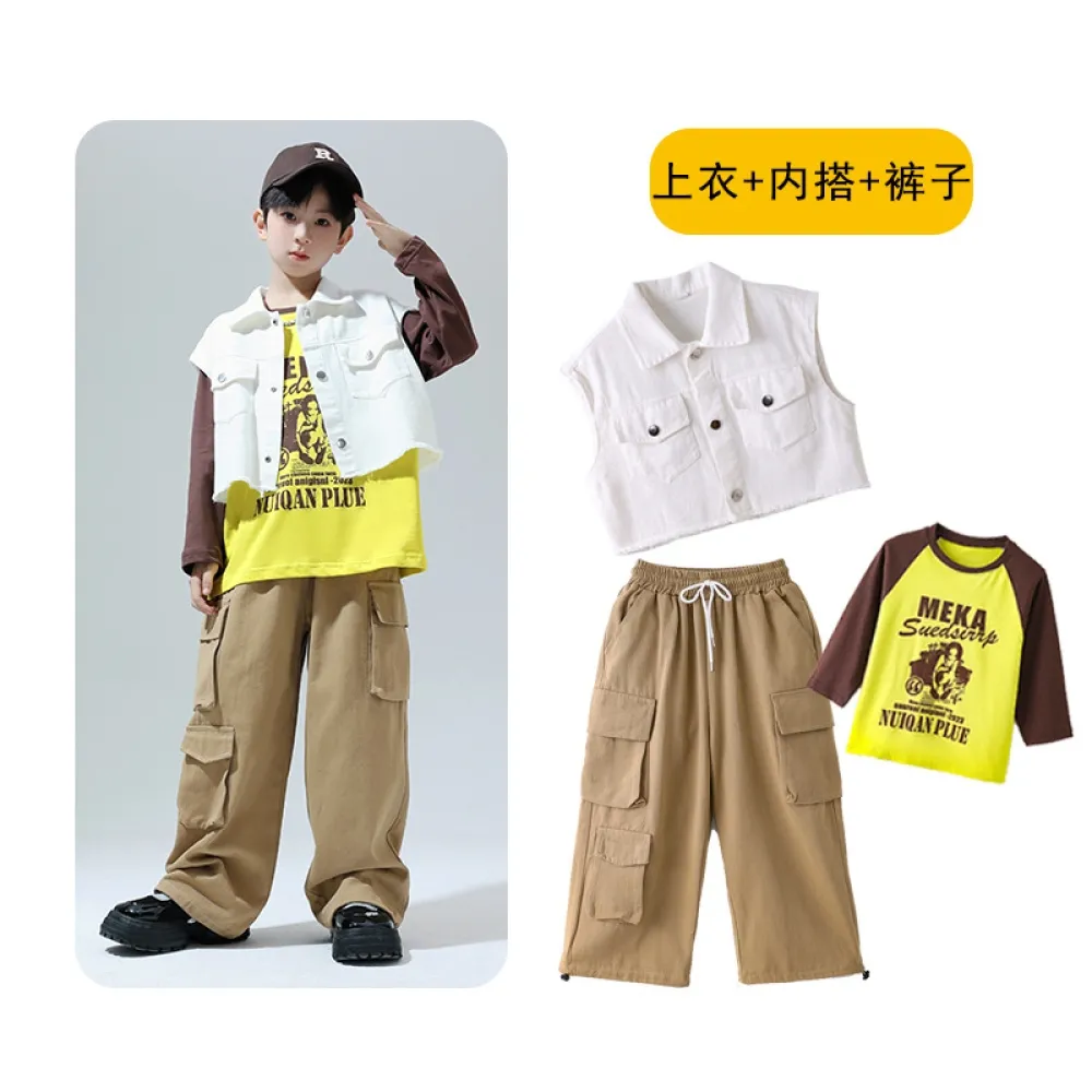 Abbigliamento da spettacolo per bambini, abbigliamento alla moda hip-hop, gilet hip-hop per ragazzi, set di batteria, spettacoli