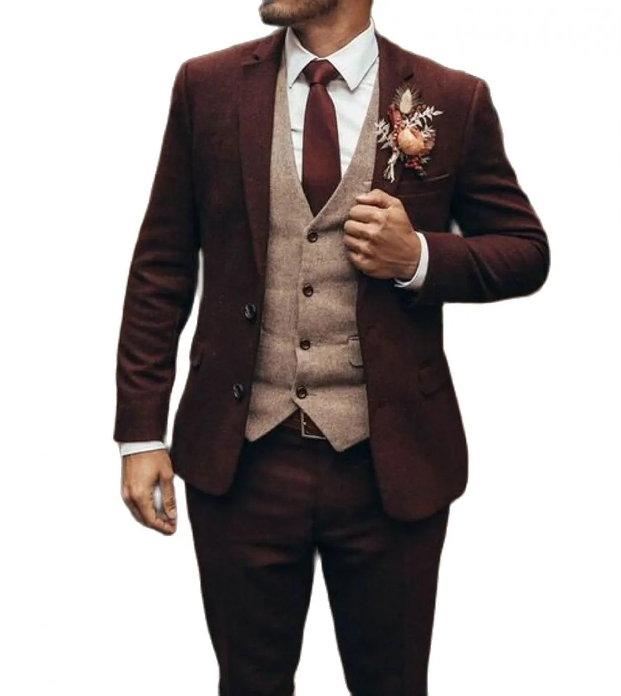 Abiti classici marroni per uomo Notch Risvolto Smoking da sposa Abiti da sposo Su misura 3 pezzi Giacca pantaloni gilet Conjunto