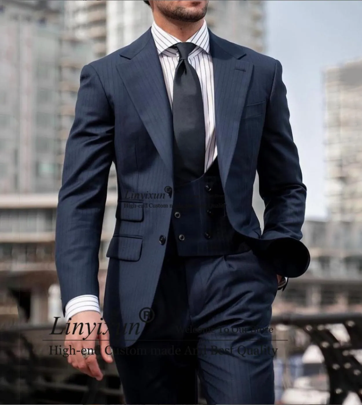 Abiti da uomo a righe blu navy Abiti da ufficio formali da ufficio Blazer da sposo da sposa Smoking da 3 pezzi Giacca Gilet Pant