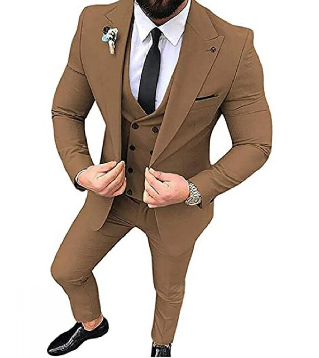 Abiti da uomo beige Smoking da sposo Slim Fit Business Casual Risvolto a lancia Completo da 3 pezzi giacca  gilet  pantaloni