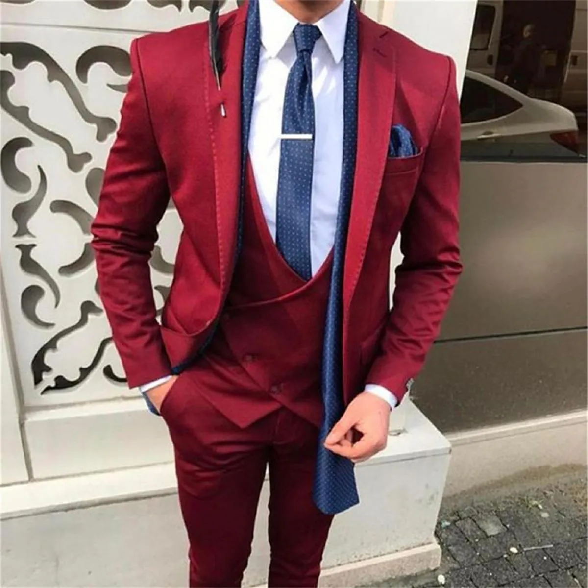 Abiti da uomo bordeaux per matrimonio slim fit 3 pezzi smoking dello sposo classico giacca maschile gilet con pantaloni Fashion