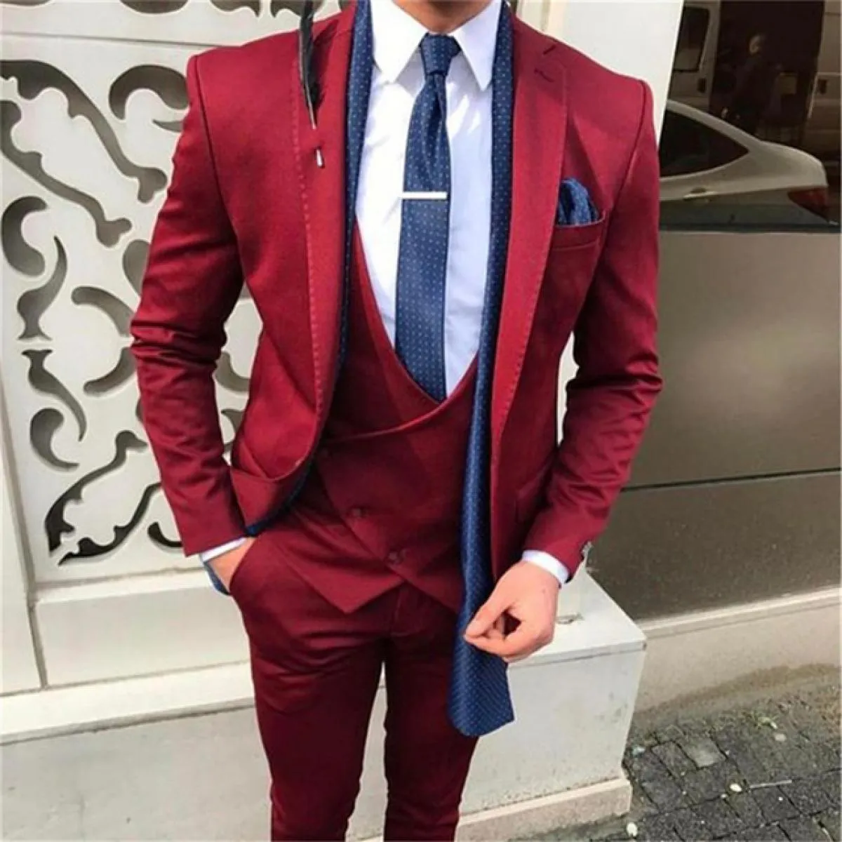 Abiti da uomo bordeaux per matrimonio slim fit 3 pezzi smoking dello sposo classico giacca maschile gilet con pantaloni Fashion