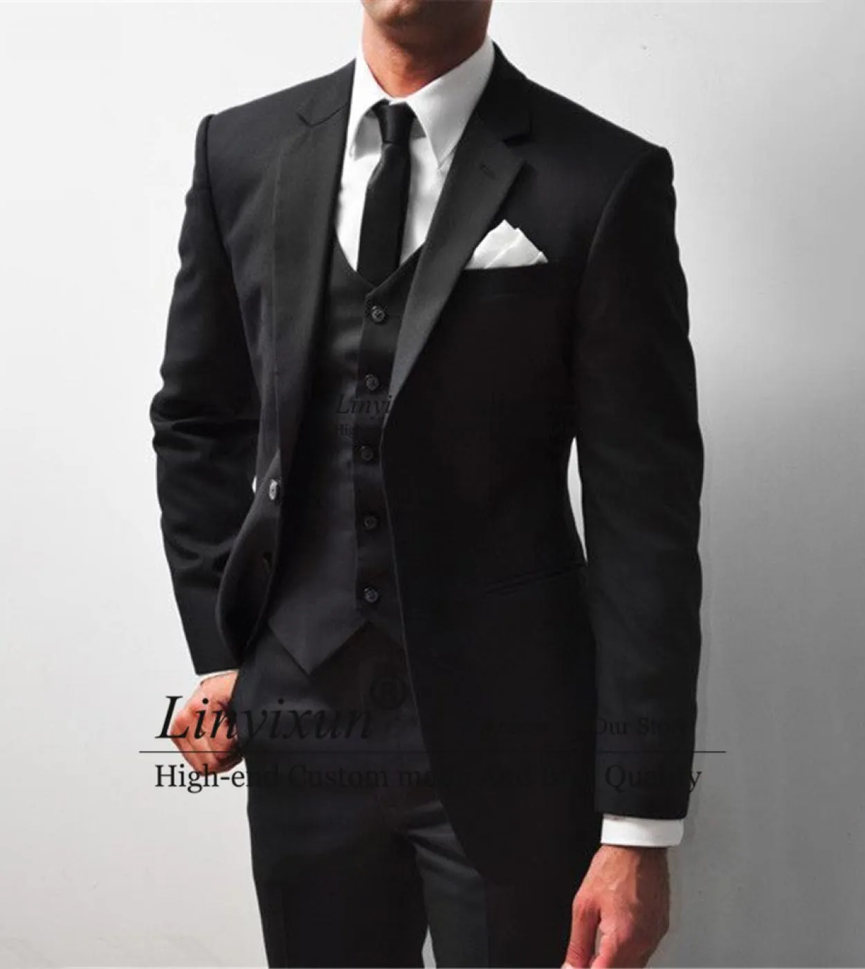 Abiti da uomo classici neri 3 pezzi Blazer da lavoro formale Smoking da sposo da sposa Slim Fit Giacca da ballo Gilet Pantaloni