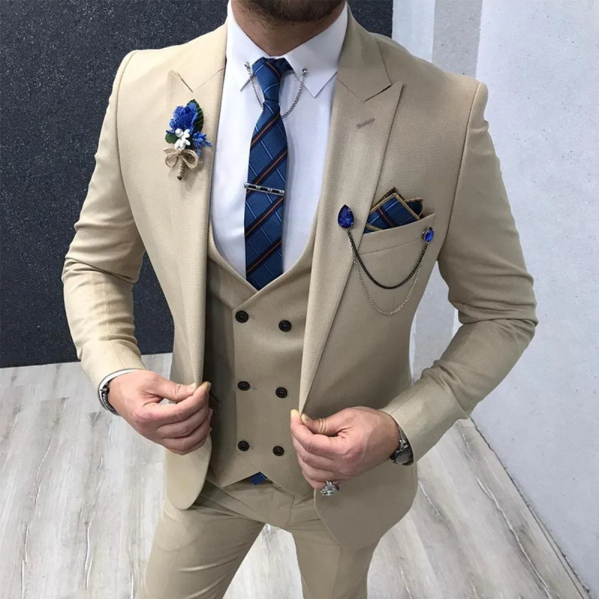 Abiti da uomo formali color crema slim fit per lo sposo 3 pezzi smoking da sposa uomo giacca moda gilet doppio petto con pantalo