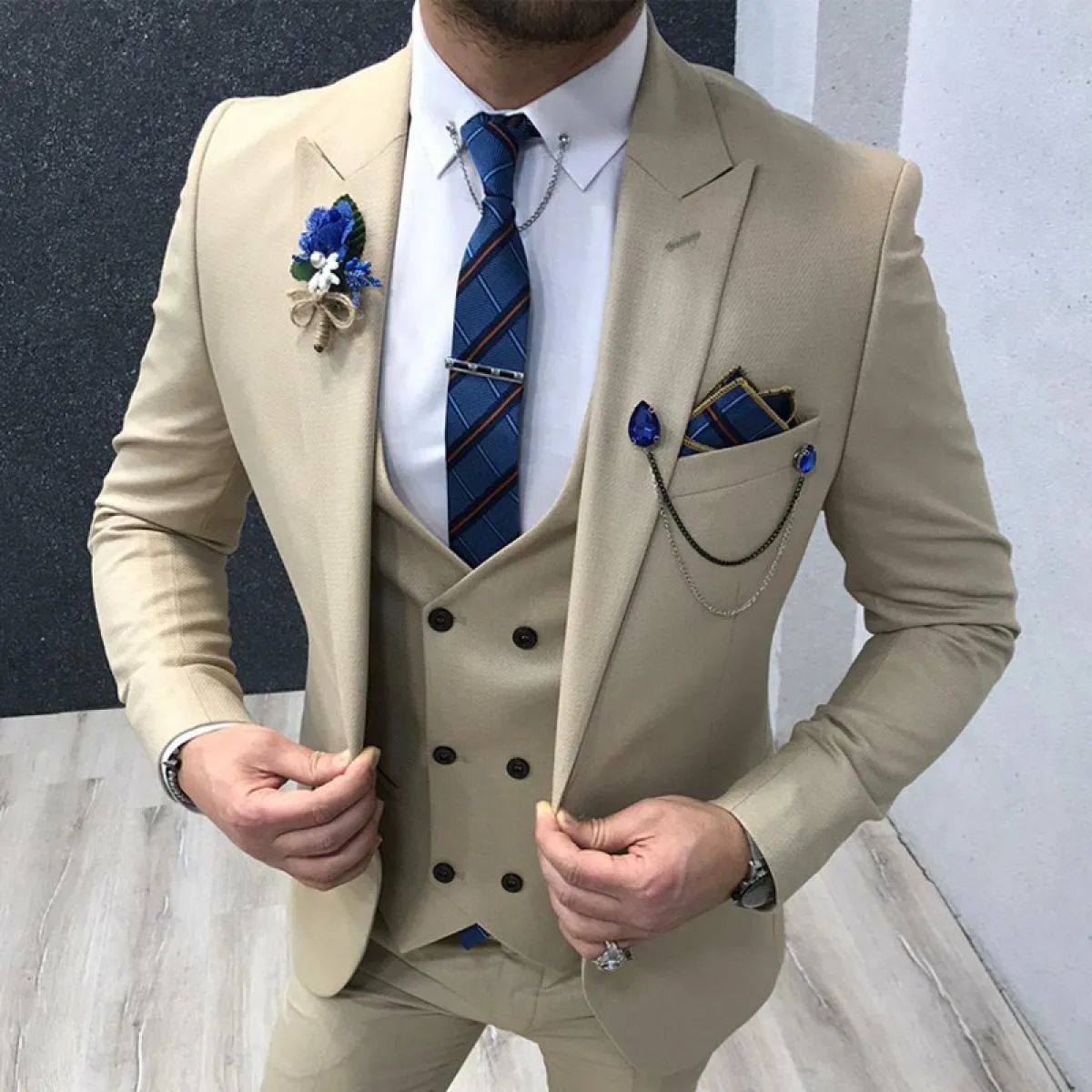 Abiti da uomo formali color crema slim fit per lo sposo 3 pezzi smoking da sposa uomo giacca moda gilet doppio petto con pantalo