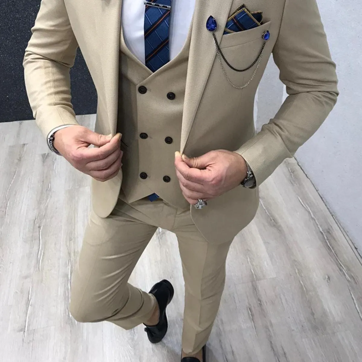 Abiti da uomo formali color crema slim fit per lo sposo 3 pezzi smoking da sposa uomo giacca moda gilet doppio petto con pantalo