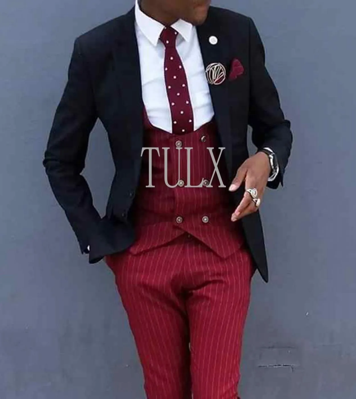 Abiti da uomo slim fit per il ballo di fine anno 3 pezzi smoking dello sposo vestito da uomo gessato rosso set giacca nera gilet