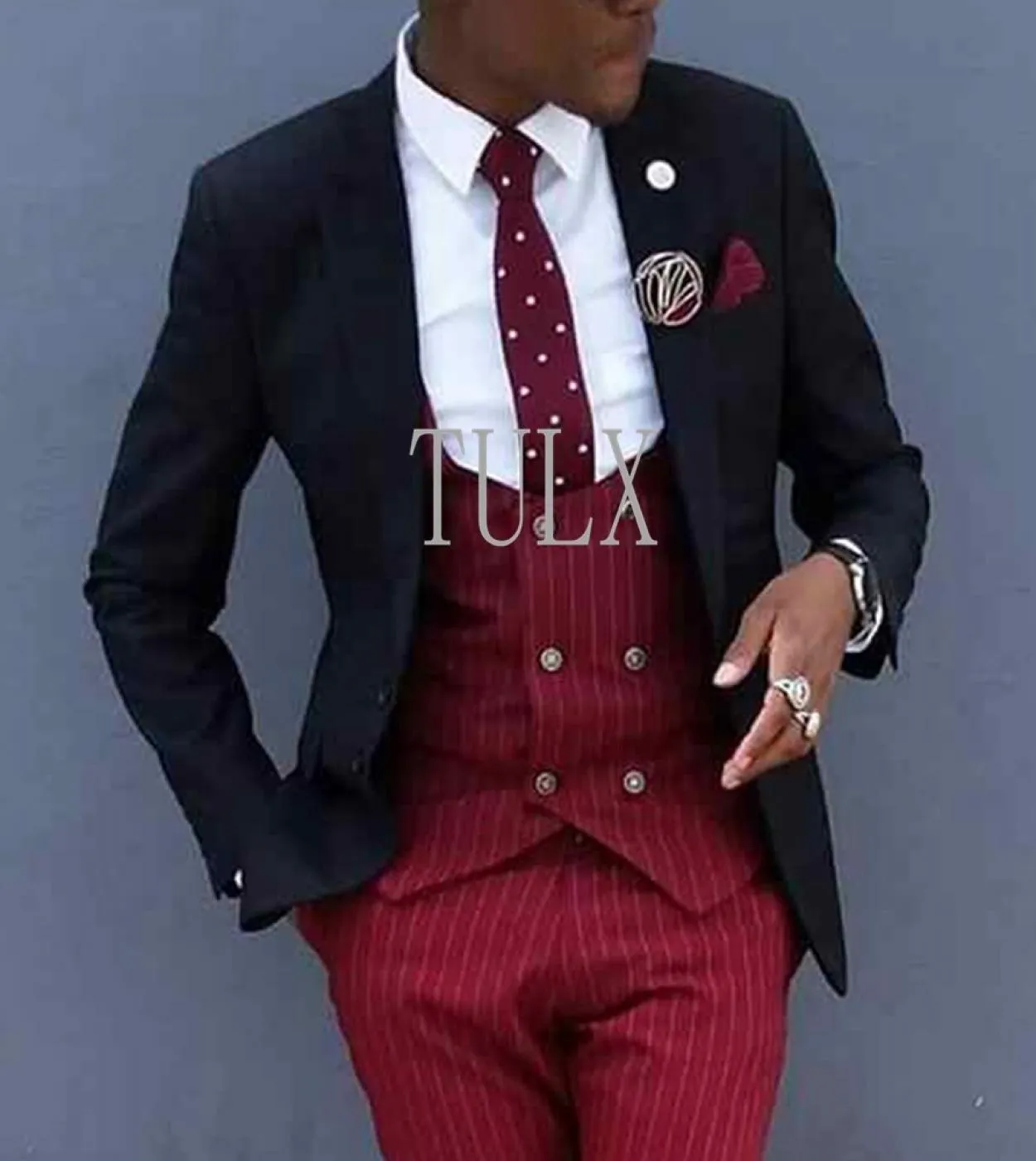 Abiti da uomo slim fit per il ballo di fine anno 3 pezzi smoking dello sposo vestito da uomo gessato rosso set giacca nera gilet