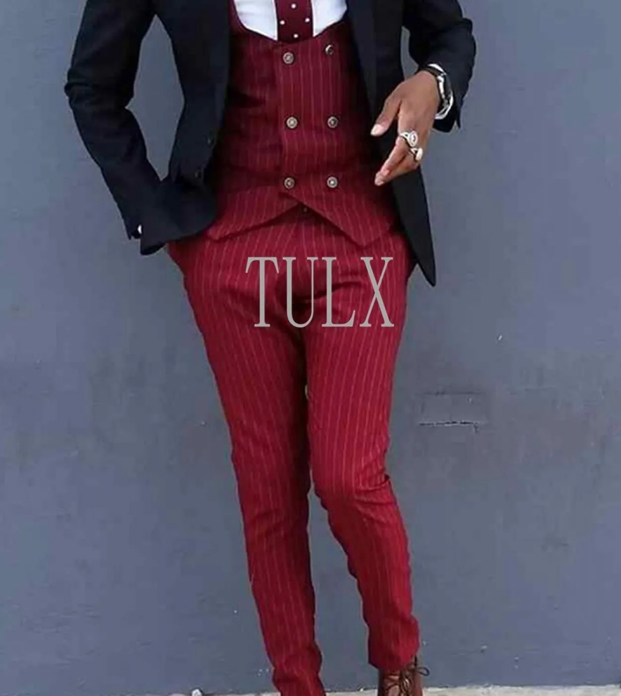 Abiti da uomo slim fit per il ballo di fine anno 3 pezzi smoking dello sposo vestito da uomo gessato rosso set giacca nera gilet