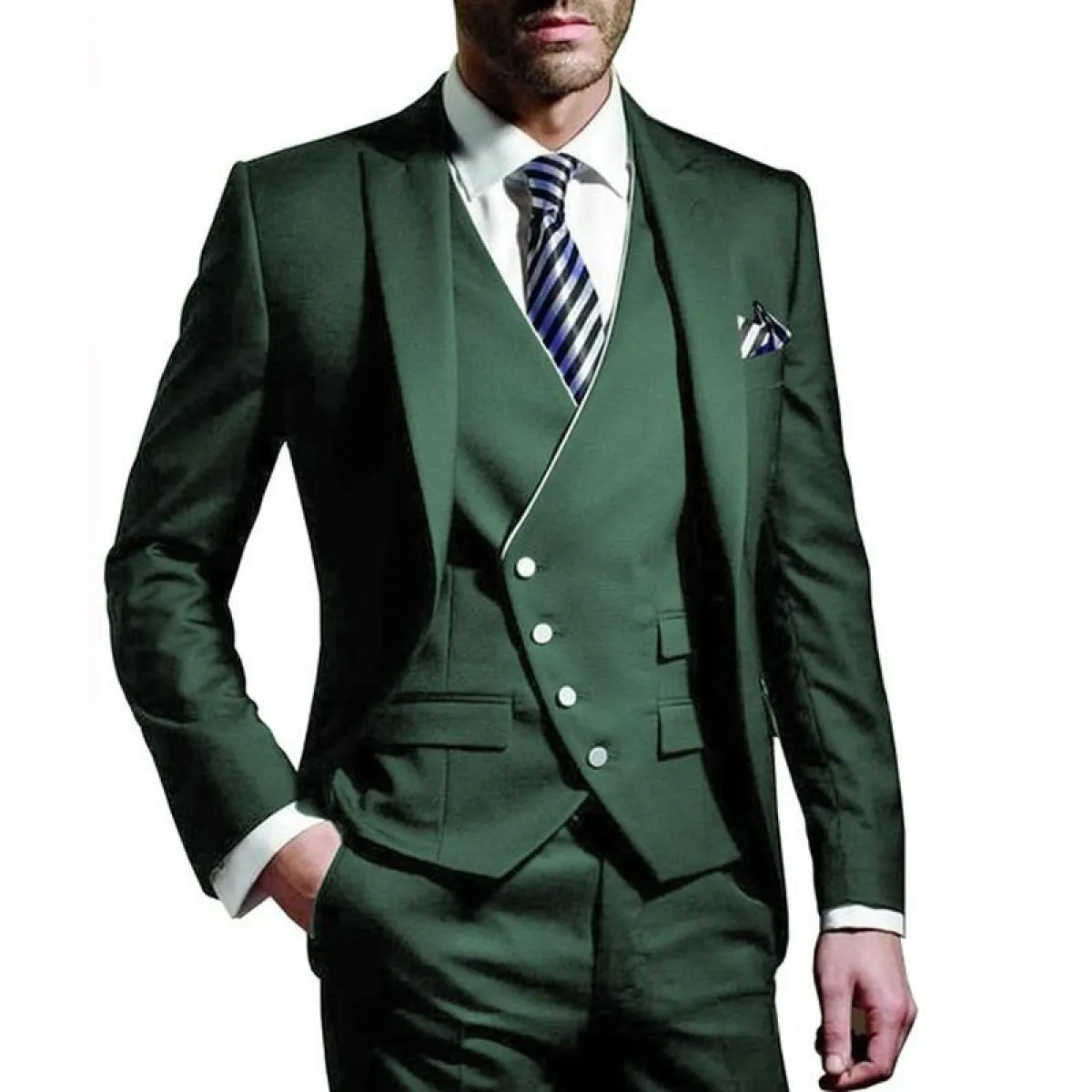 Abito da uomo elegante gilet giacca pantaloni tre pezzi risvolto con visiera verde nero smoking slim fit per matrimonio costume