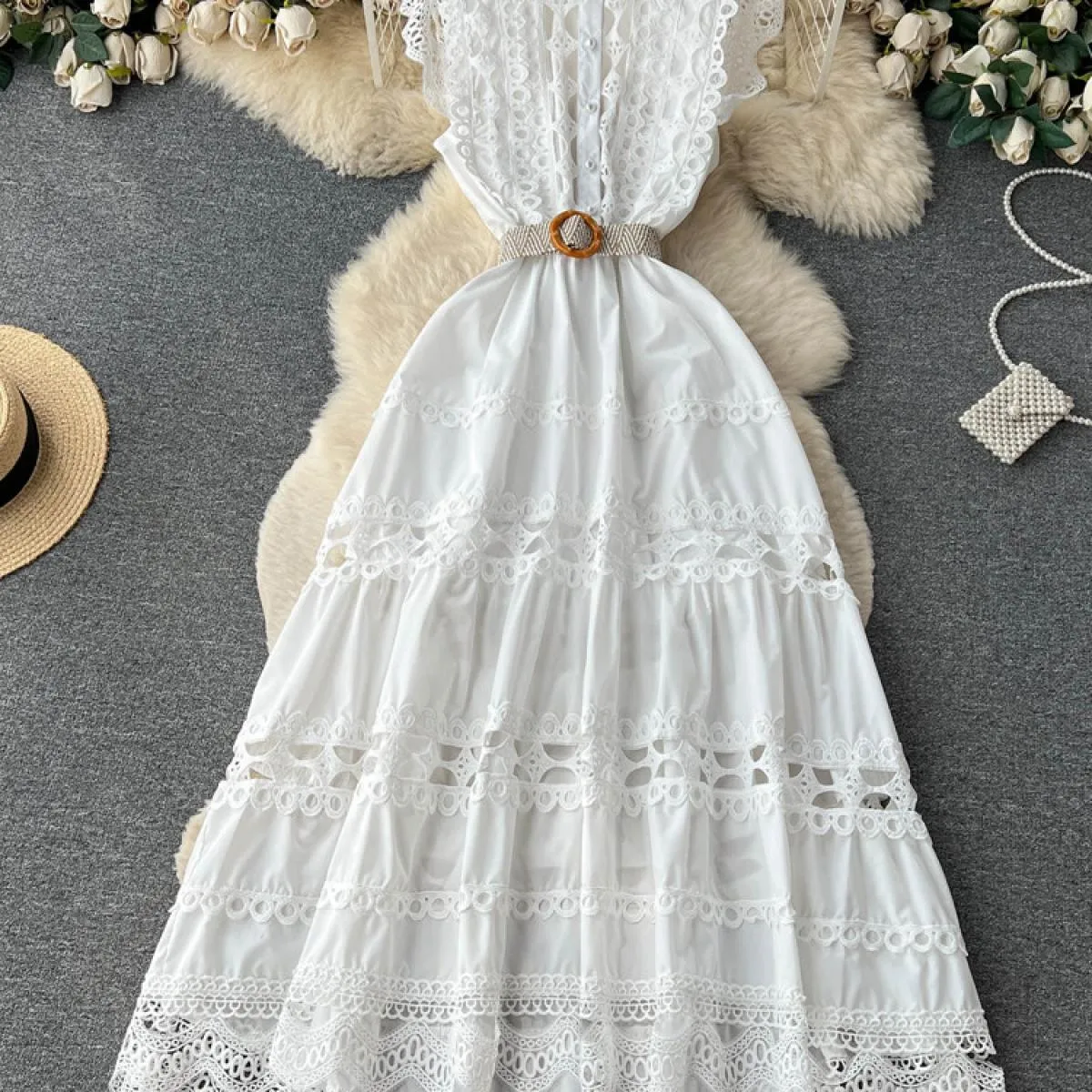 Abito lungo estivo da festa in pizzo ricamato scollato nero/bianco Elegante maxi gilet monopetto con scollo tondo senza maniche