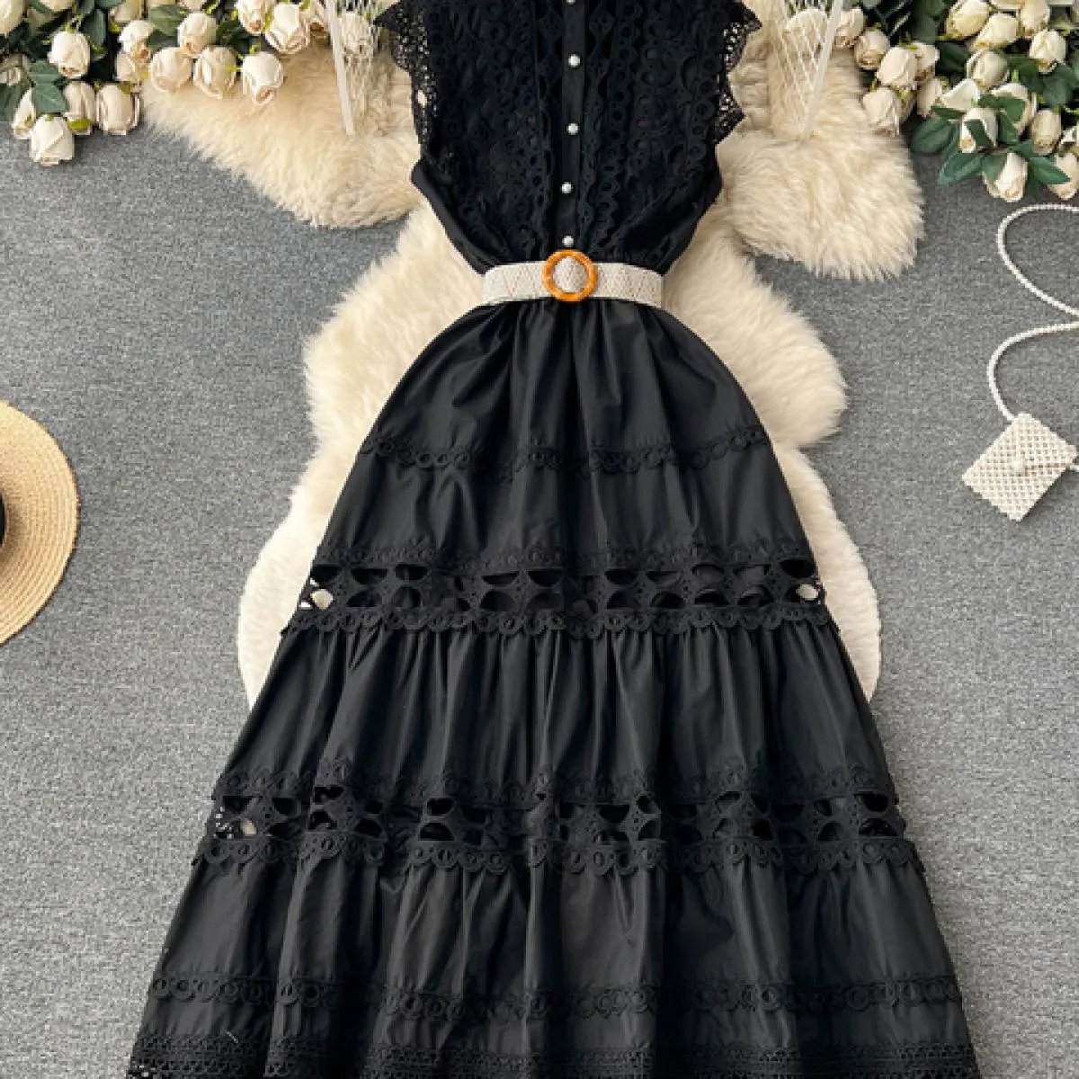 Abito lungo estivo da festa in pizzo ricamato scollato nero/bianco Elegante maxi gilet monopetto con scollo tondo senza maniche