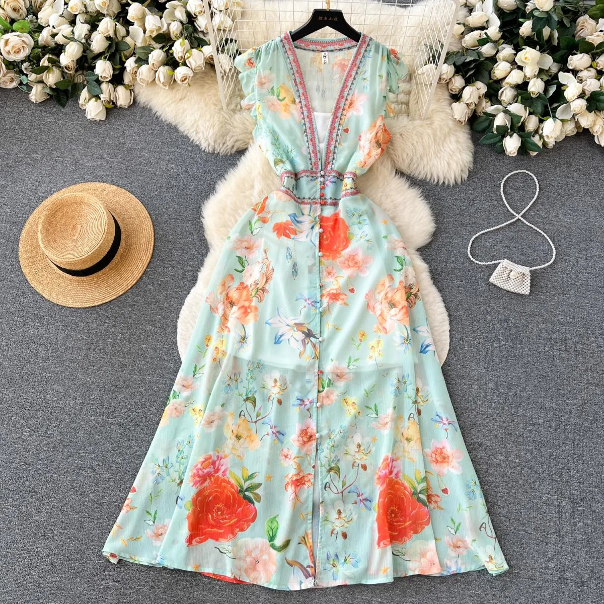Abito lungo estivo di lusso per donna Manica lunga floreale Scollo a V profondo Maxi passerella Traf Chiffon Gilet splendido lum