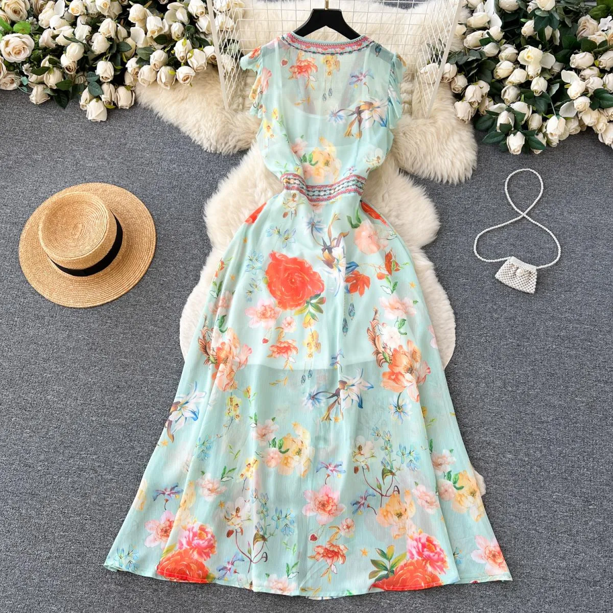 Abito lungo estivo di lusso per donna Manica lunga floreale Scollo a V profondo Maxi passerella Traf Chiffon Gilet splendido lum
