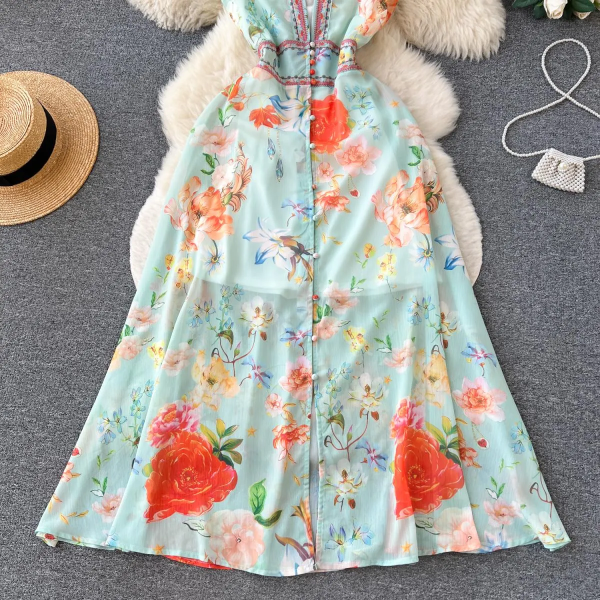 Abito lungo estivo di lusso per donna Manica lunga floreale Scollo a V profondo Maxi passerella Traf Chiffon Gilet splendido lum