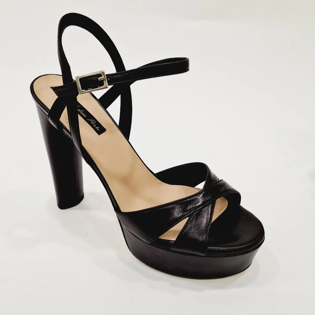 Andrea Pinto Sandalo cinturino alla caviglia tacco alto 12,5 CM Plateau 4  cm Pelle Black RIF.754 N.B. ORDINABILE IN QUALSIASI V