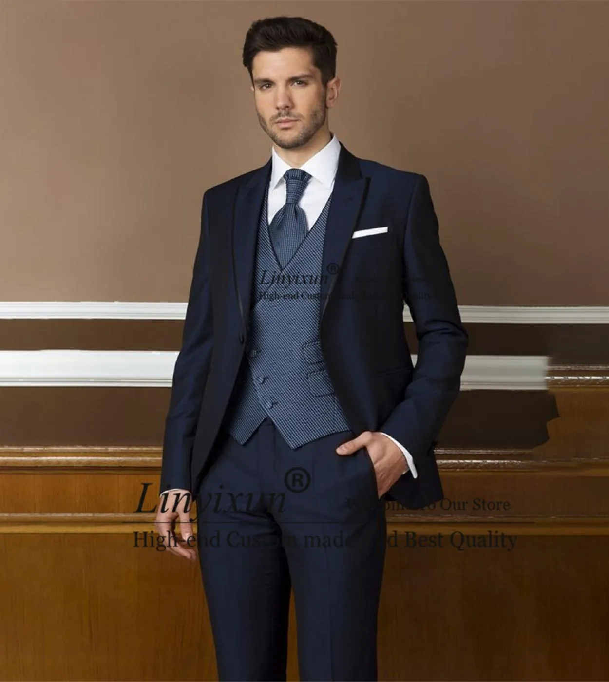 Bellissimi abiti da uomo blu navy smoking da sposo slim fit giacca da lavoro formale set da 3 pezzi giacca gilet pantaloni costu
