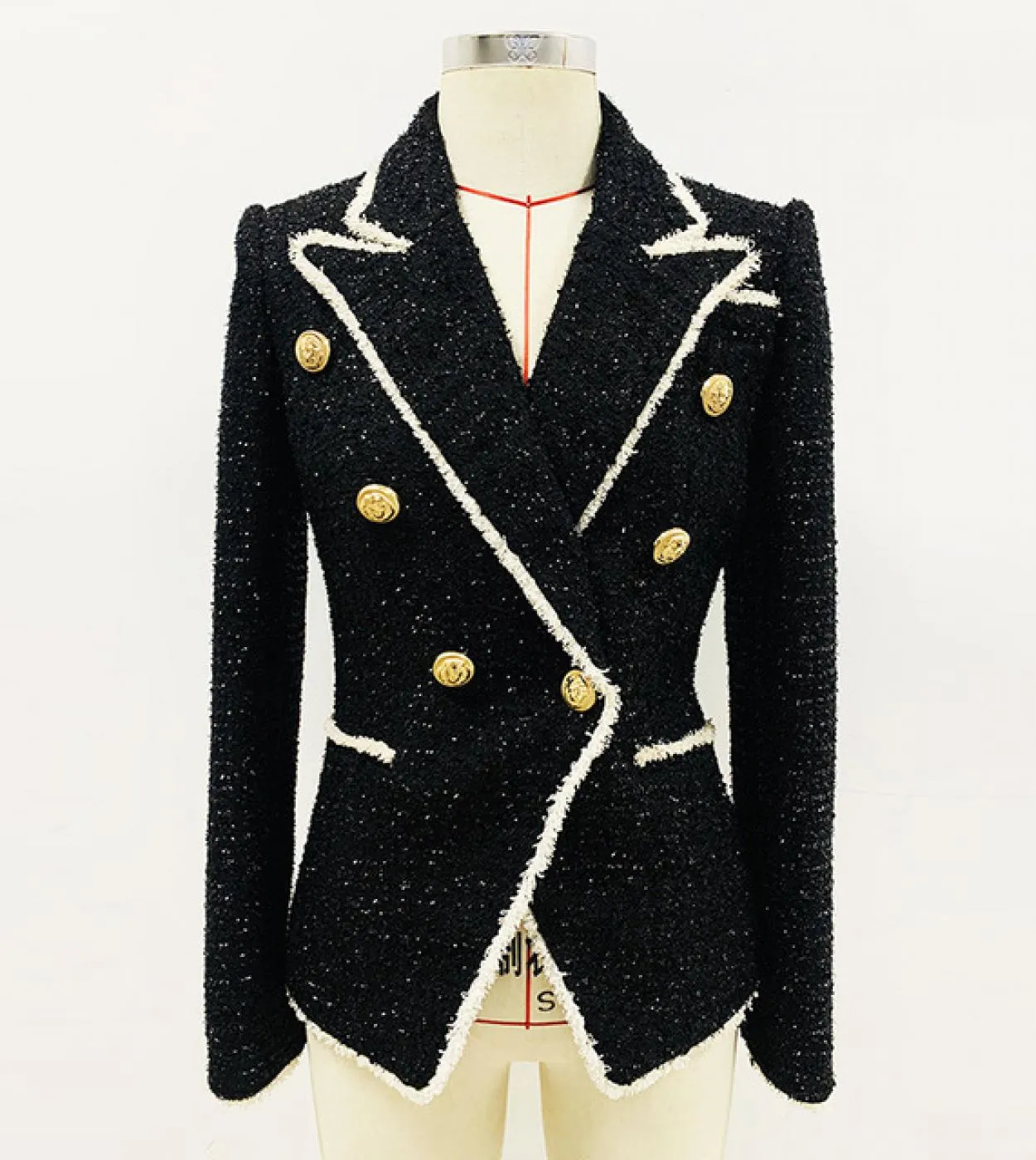 Blazer da donna di lusso New Black White Splicing Wool Doppio petto imbottito Blazer con bottoni in metallo