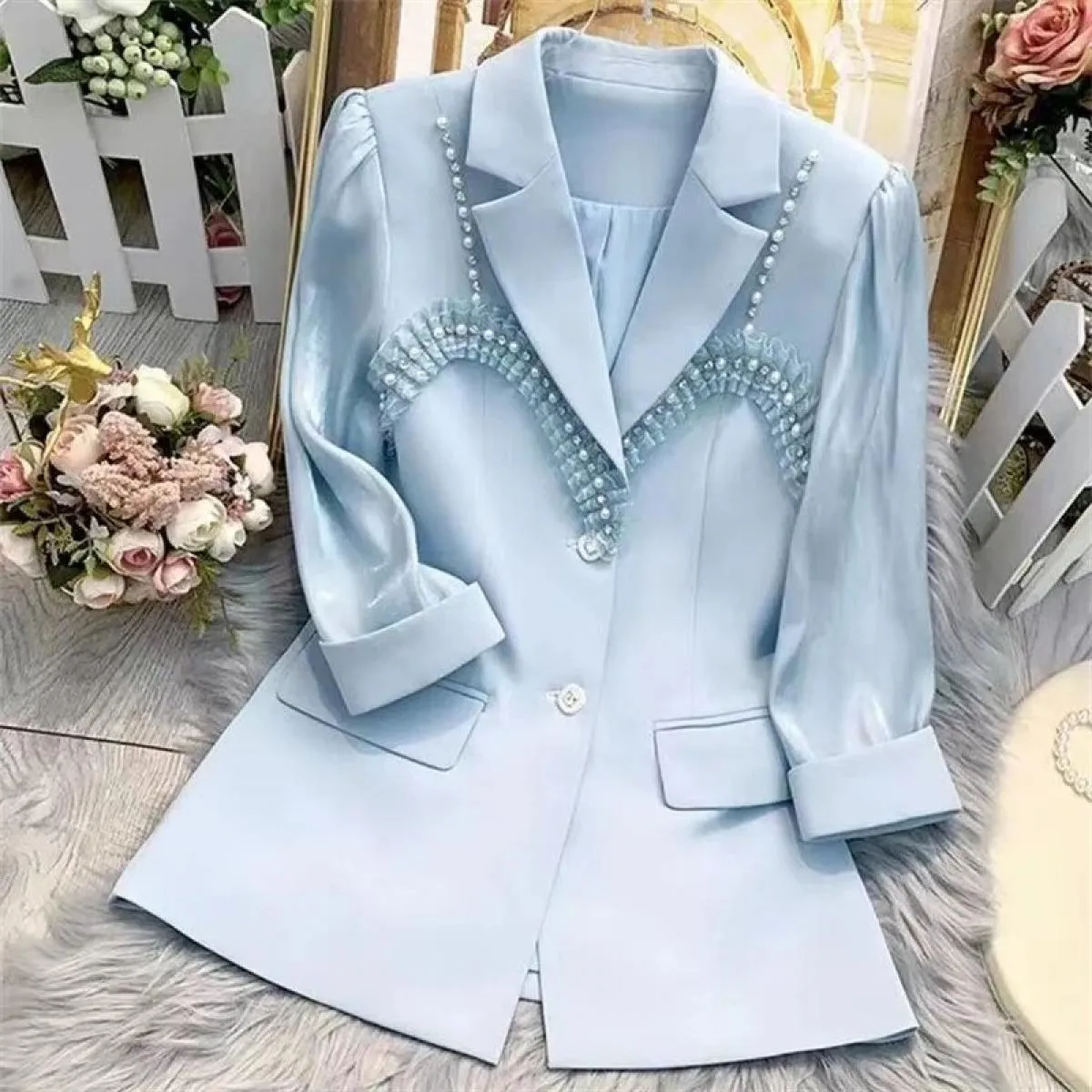 Blazer da donna primavera estate New Giacca da abito monopetto con maniche a tre quarti con perline pesanti Cappotto da donna Ne