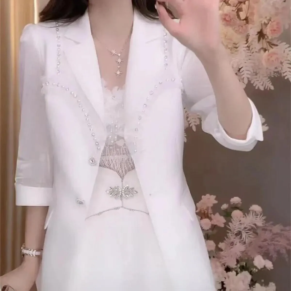Blazer da donna primavera estate New Giacca da abito monopetto con maniche a tre quarti con perline pesanti Cappotto da donna Ne