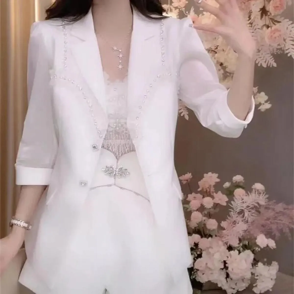 Blazer da donna primavera estate New Giacca da abito monopetto con maniche a tre quarti con perline pesanti Cappotto da donna Ne