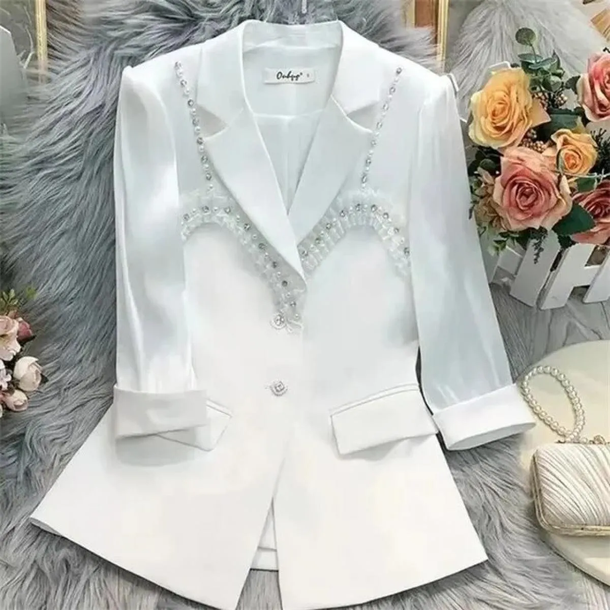 Blazer da donna primavera estate New Giacca da abito monopetto con maniche a tre quarti con perline pesanti Cappotto da donna Ne