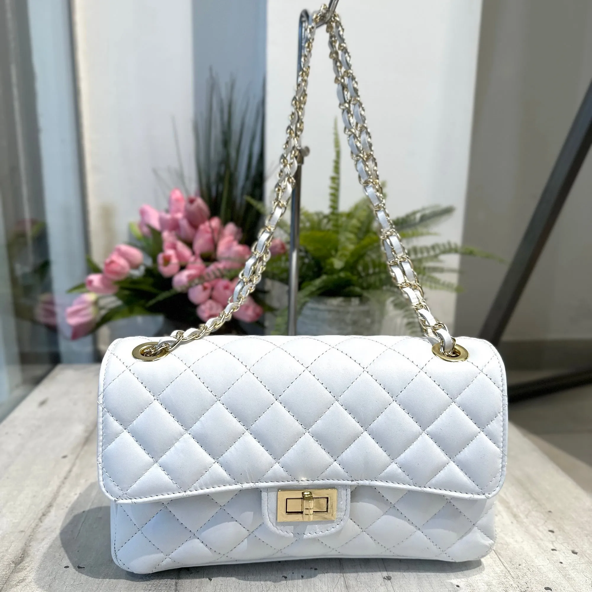 Borsa Elegante Trapuntata VERA PELLE Dettagli Dorati Capiente Bianca