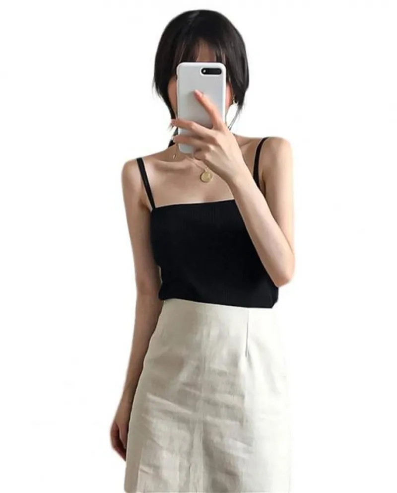 Canotta estiva da donna Elestic Sling Crop Top Tinta unita Gilet lavorato a maglia Double Sh
