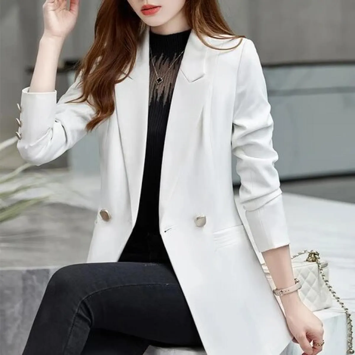 Cappotto da donna monopetto a maniche lunghe da donna con blazer formale da donna nero albicocca bianco