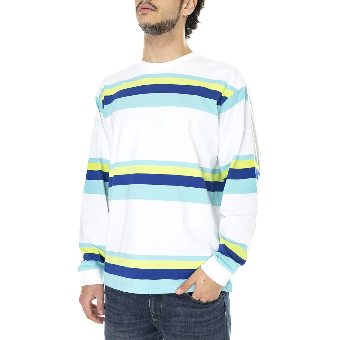 CARHARTT WIP L/S Huntington T-Shirt Huntington Stripe White / Lime - Maglietta Girocollo Maniche Lunghe Uomo Multicolore    