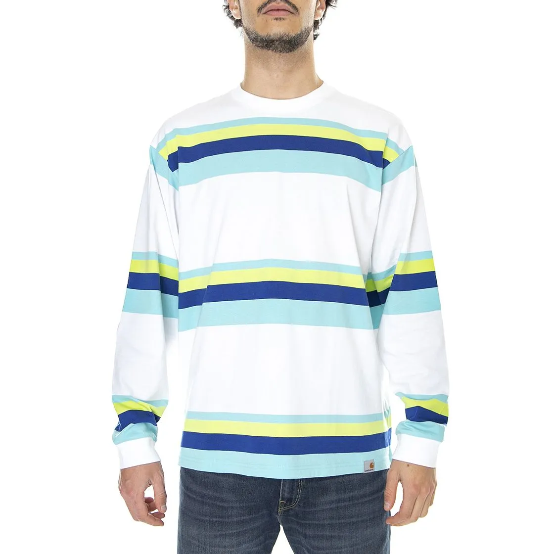 CARHARTT WIP L/S Huntington T-Shirt Huntington Stripe White / Lime - Maglietta Girocollo Maniche Lunghe Uomo Multicolore    