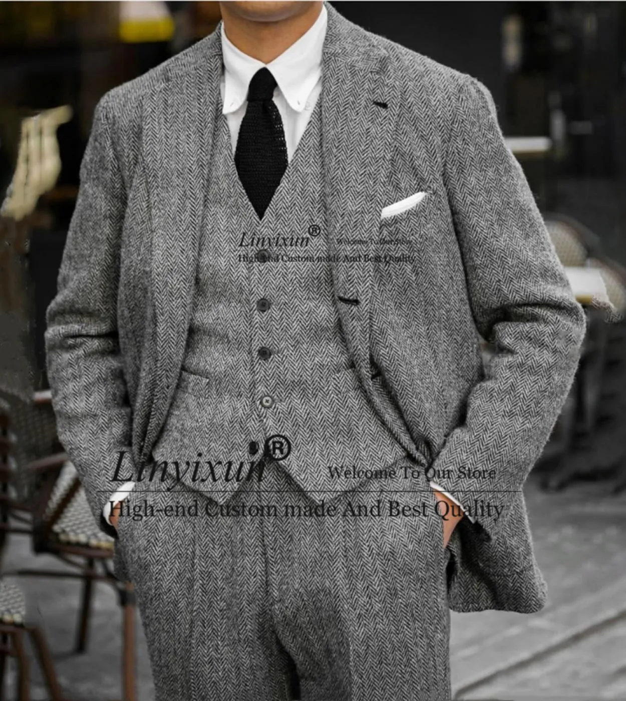Classico grigio uomo abiti a spina di pesce slim fit formale business blazer matrimonio sposo smoking 3 pezzi giacca gilet panta