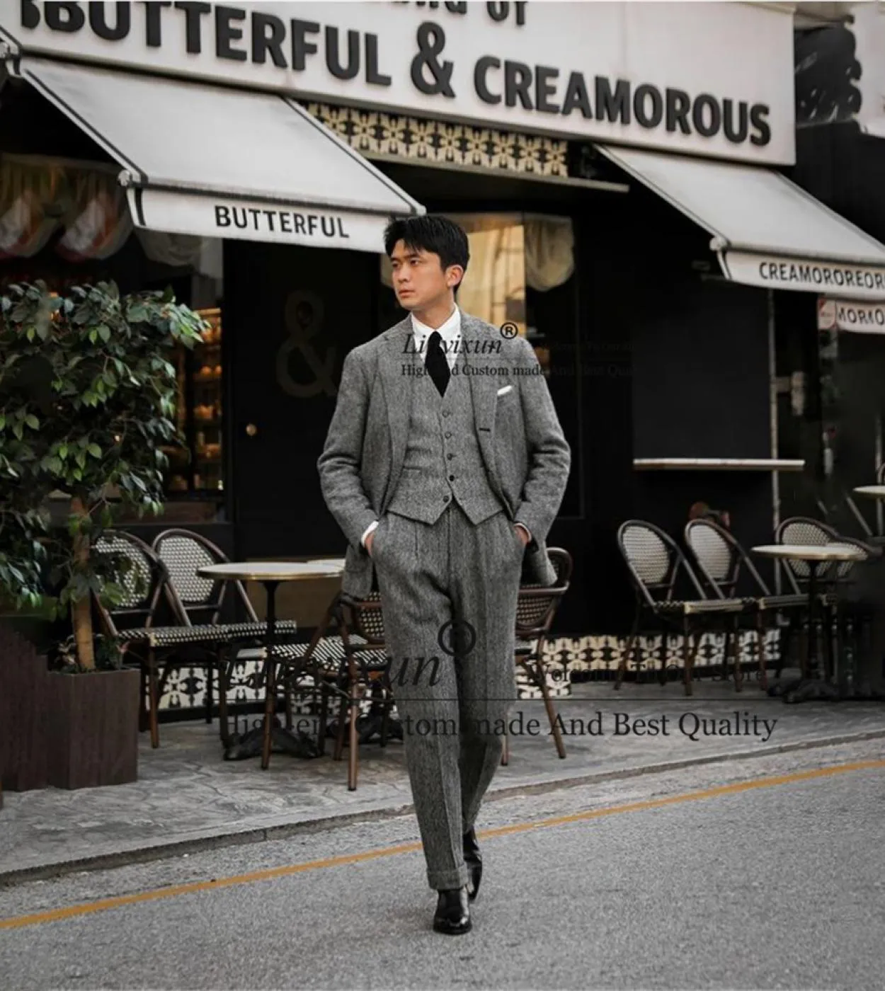 Classico grigio uomo abiti a spina di pesce slim fit formale business blazer matrimonio sposo smoking 3 pezzi giacca gilet panta