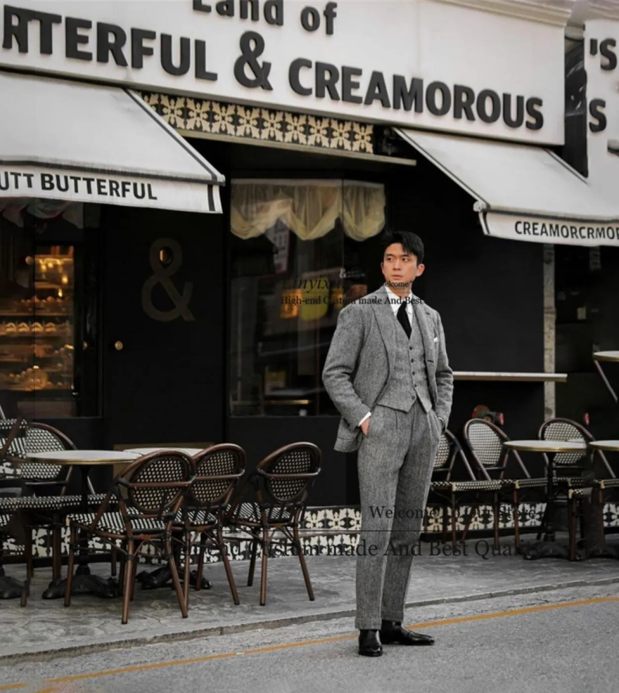 Classico grigio uomo abiti a spina di pesce slim fit formale business blazer matrimonio sposo smoking 3 pezzi giacca gilet panta