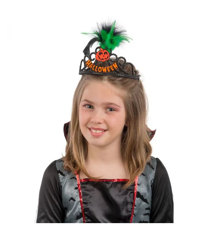 Coroncina Halloween in plastica nera dec.arancioni rifrangenti e piume
