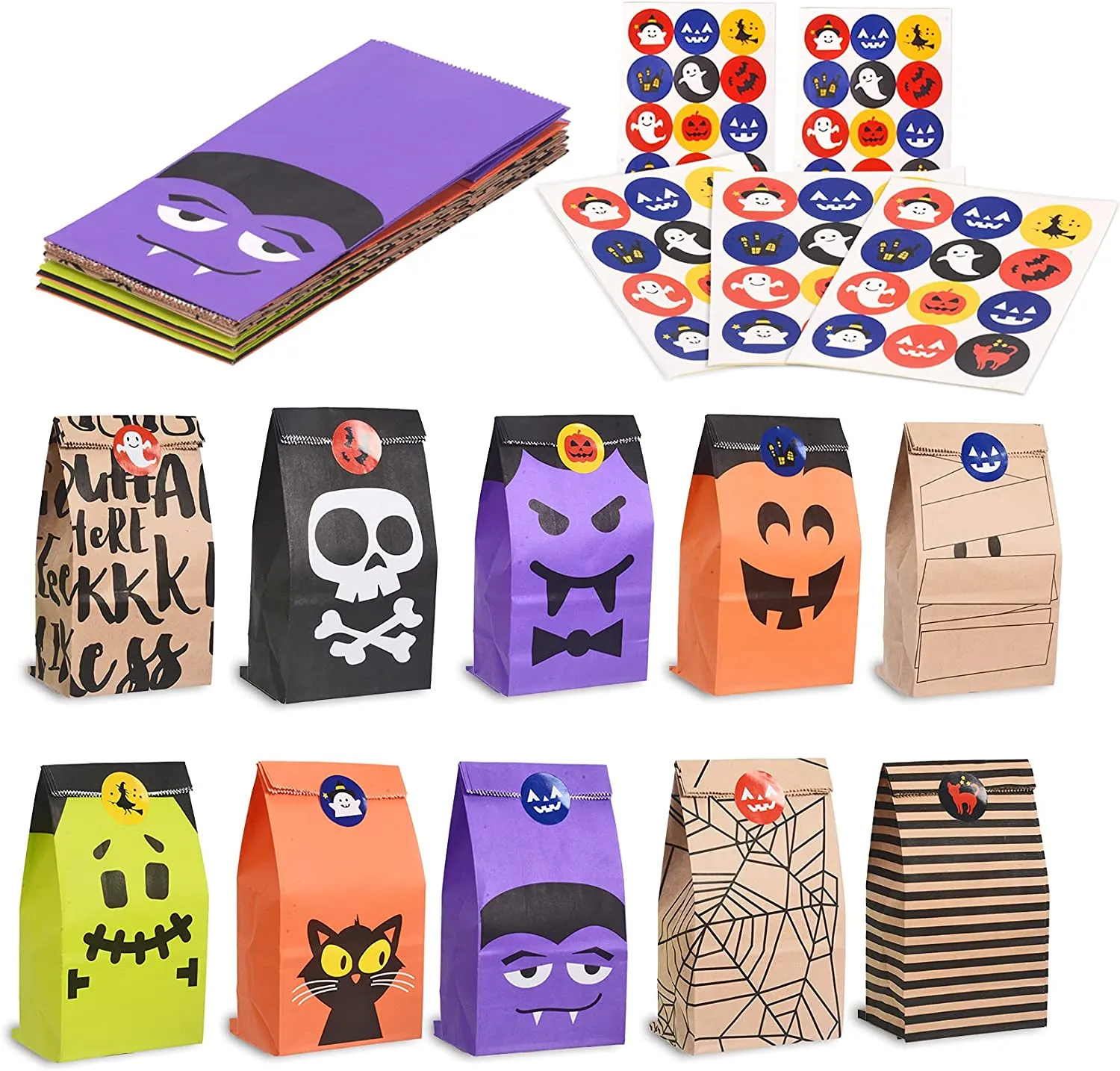 Cymax 50pz Sacchetti di Carta di Halloween con 60pz adesivi,Borsa per Regali per Feste di Halloween, Feste di Compleanno