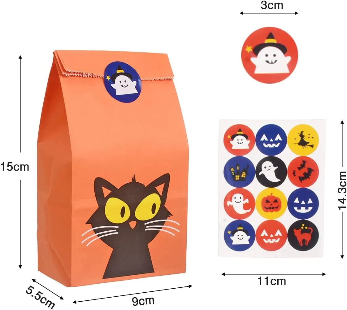 Cymax 50pz Sacchetti di Carta di Halloween con 60pz adesivi,Borsa per Regali per Feste di Halloween, Feste di Compleanno