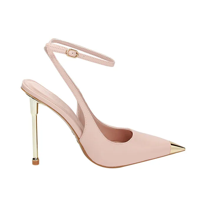 Décolleté slingback nude con punta oro, tacco 11 cm