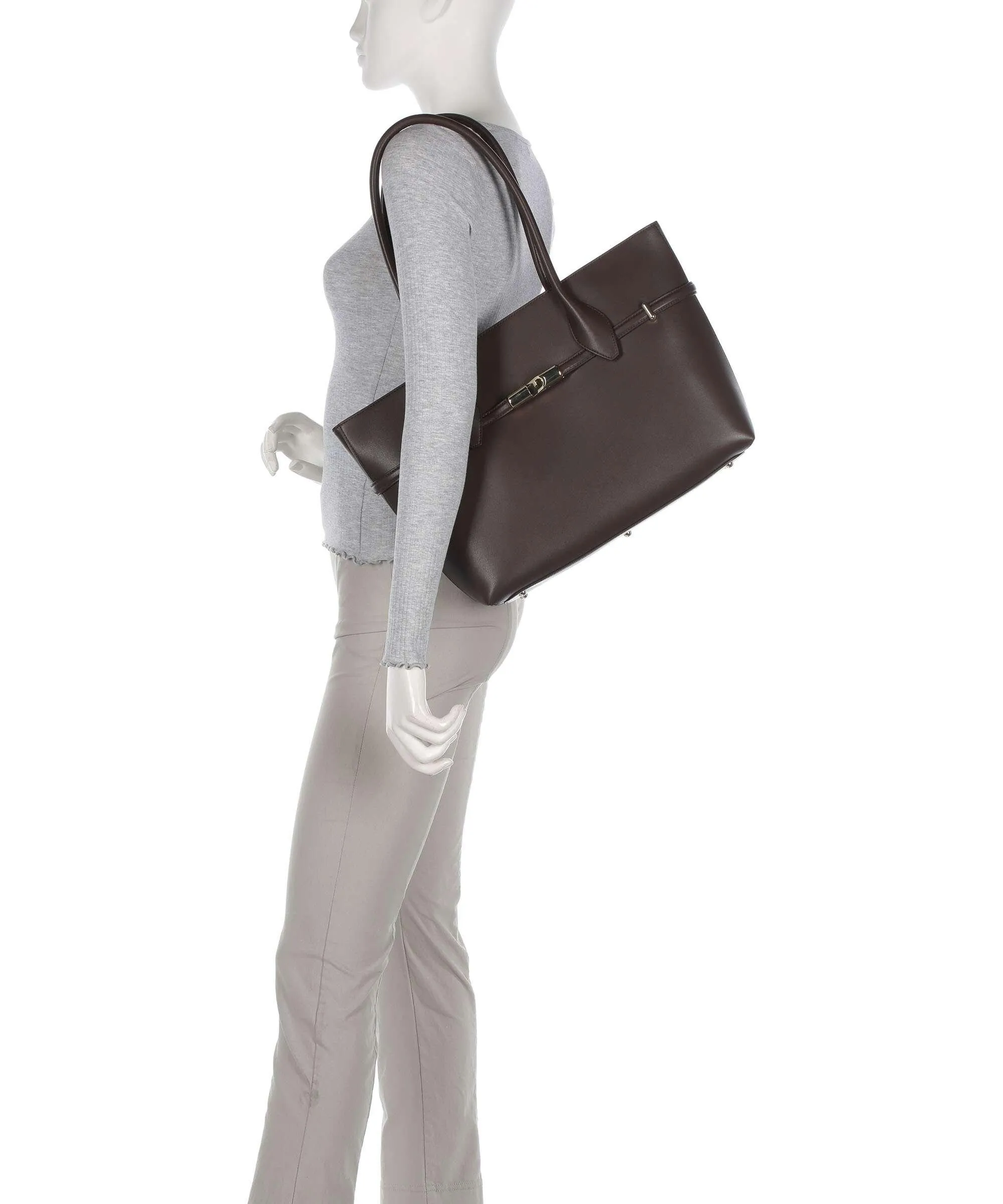  Furla Goccia L Borsa shopper pelle a grana fine marrone scuro  