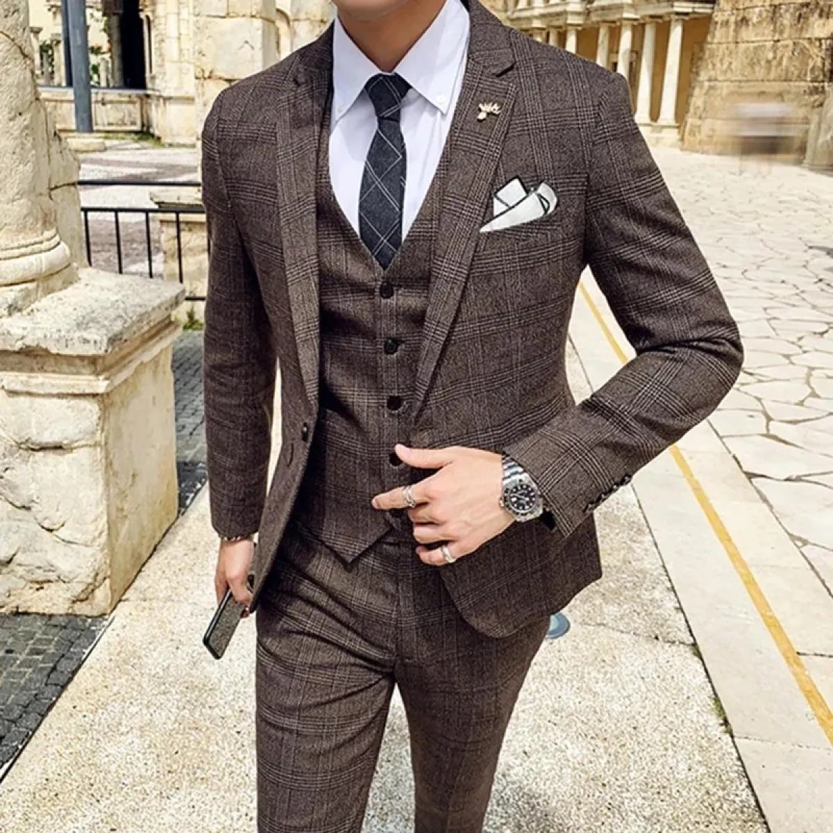 Giacca da uomo Giacca Gilet Pantaloni Boutique di moda Plaid Casual Business Uomo Sposo Abito da smoking da sposa 3 pezzi Set Bl