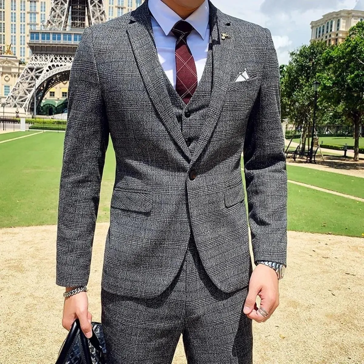 Giacca da uomo Giacca Gilet Pantaloni Boutique di moda Plaid Casual Business Uomo Sposo Abito da smoking da sposa 3 pezzi Set Bl