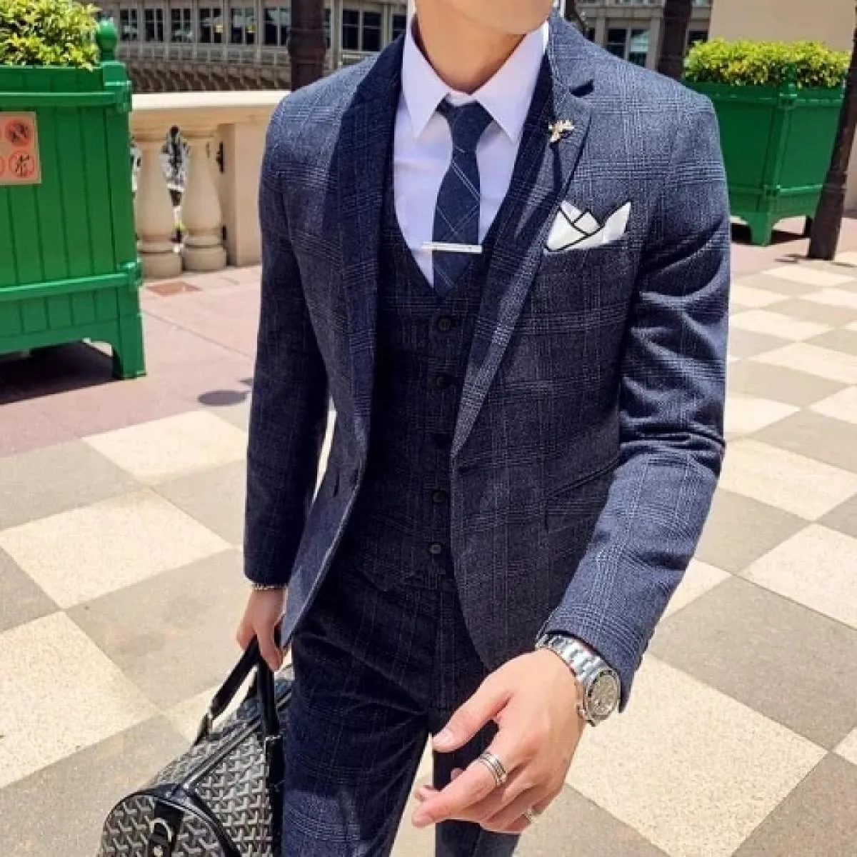 Giacca da uomo Giacca Gilet Pantaloni Boutique di moda Plaid Casual Business Uomo Sposo Abito da smoking da sposa 3 pezzi Set Bl